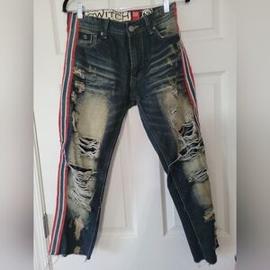 Switch Premium Denim Mens Distressed Blue Jeans 32 x 32Red-White-Blue Stripes